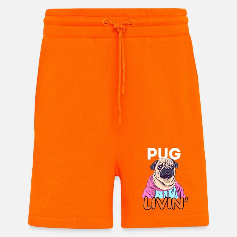 Humorvolle Mops-Karikatur im Kapuzenpullover - Shorts - made by SPREAD - SUNSET ORANGE