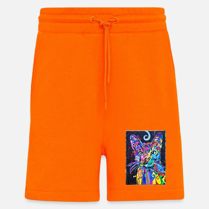 Portrait de chat au design psychédélique Pop Art - Short bio décontracté fabriqué en UE - SUNSET ORANGE
