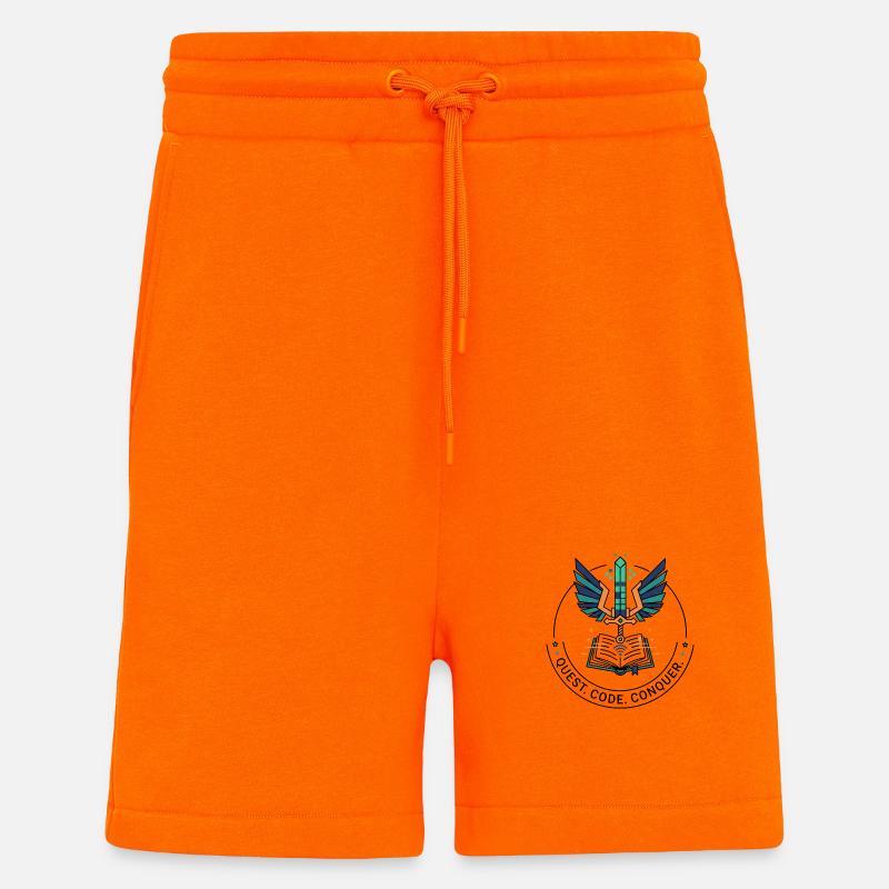 Quest. Code. Conquer Emblem - Shorts - made by SPREAD - SUNSET ORANGE