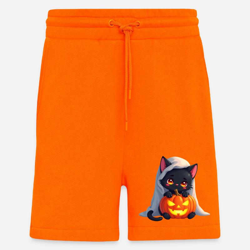 Chat d’Halloween avec citrouille d’Halloween - Short bio décontracté fabriqué en UE - SUNSET ORANGE