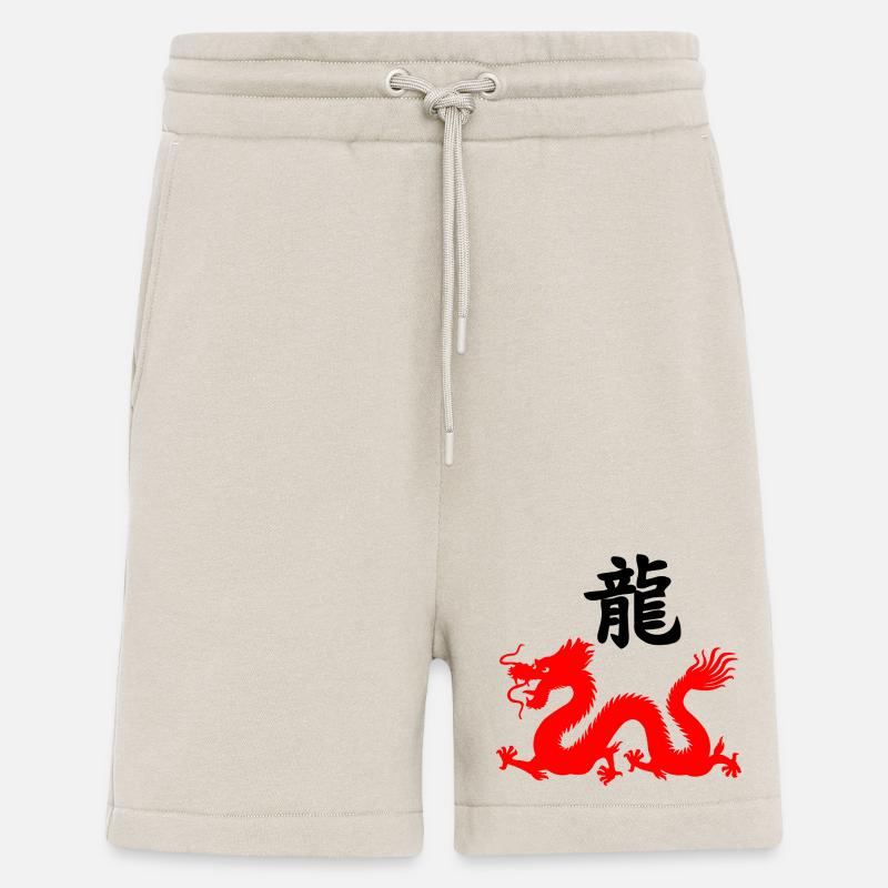 Chinese script with red dragon image - Shorts - made by SPREAD - WARM CLAY