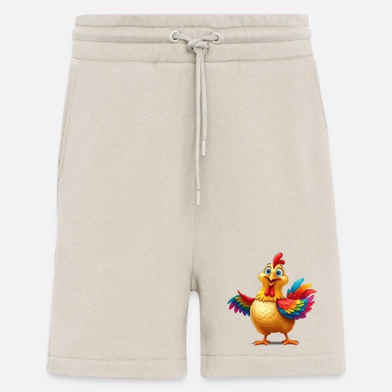 Illustration de poulet arc-en-ciel vibrant - Short bio décontracté fabriqué en UE - WARM CLAY