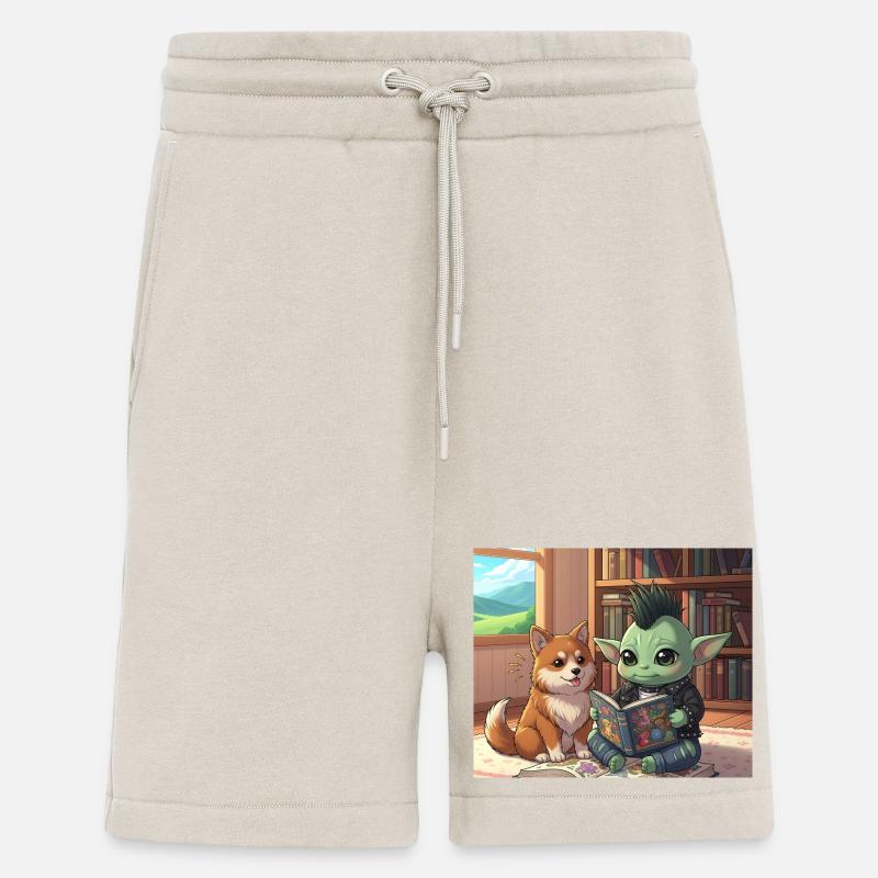 Mischender Kobold mit Hund im Bücherzimmer - Shorts - made by SPREAD - WARM CLAY