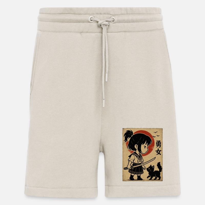 Fille courageuse avec katana et chat - Short bio décontracté fabriqué en UE - WARM CLAY