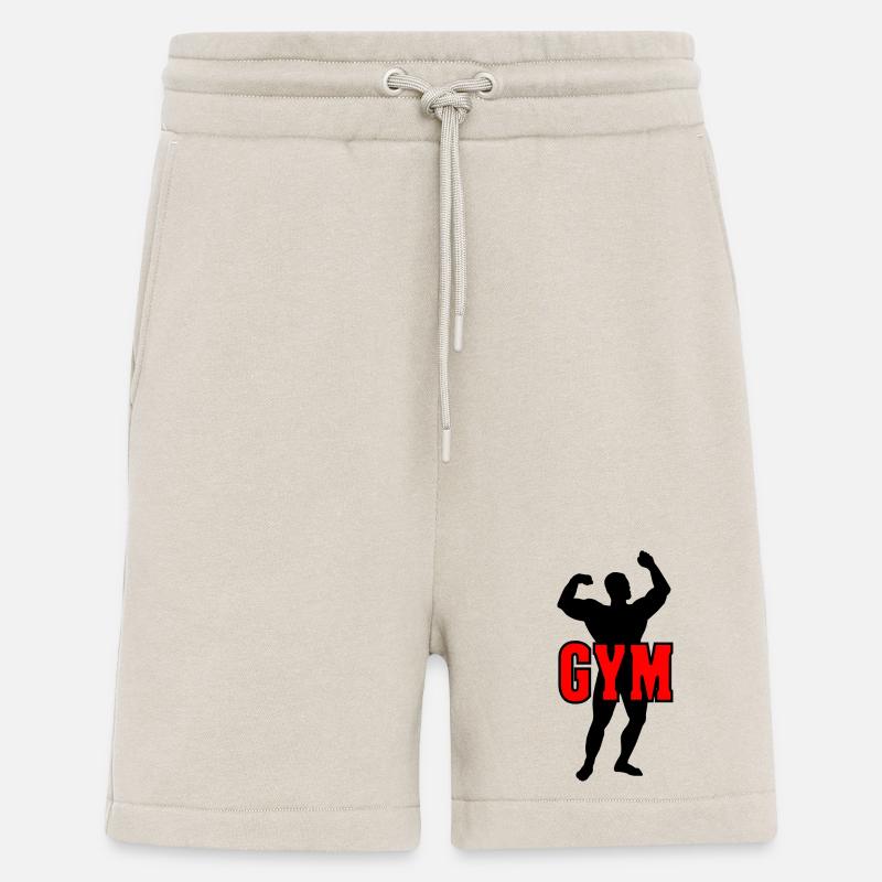 Bodybuilder-Schattenbild mit rotem Text "GYM - Shorts - made by SPREAD - WARM CLAY