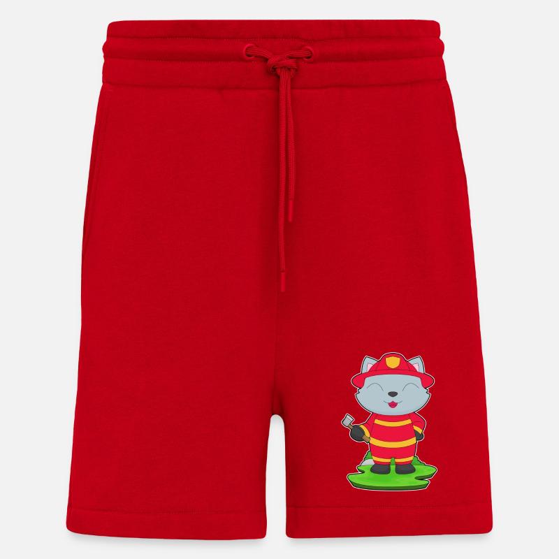 Cat Firefighter Axe Fire Brigade - Shorts - made by SPREAD - red