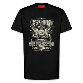 Jahrgang 1955 Geboren Geburtstag Legende - T-Shirt - made by SPREAD - SOLID BLACK - Vorne - Alina (178cm) & Michal (187cm)