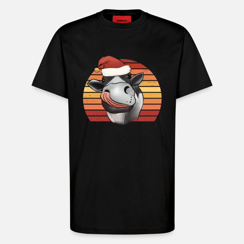 Weihnachtskuh Kuh mit Weihnachtsmütze Retro - T-Shirt - made by SPREAD - SOLID BLACK
