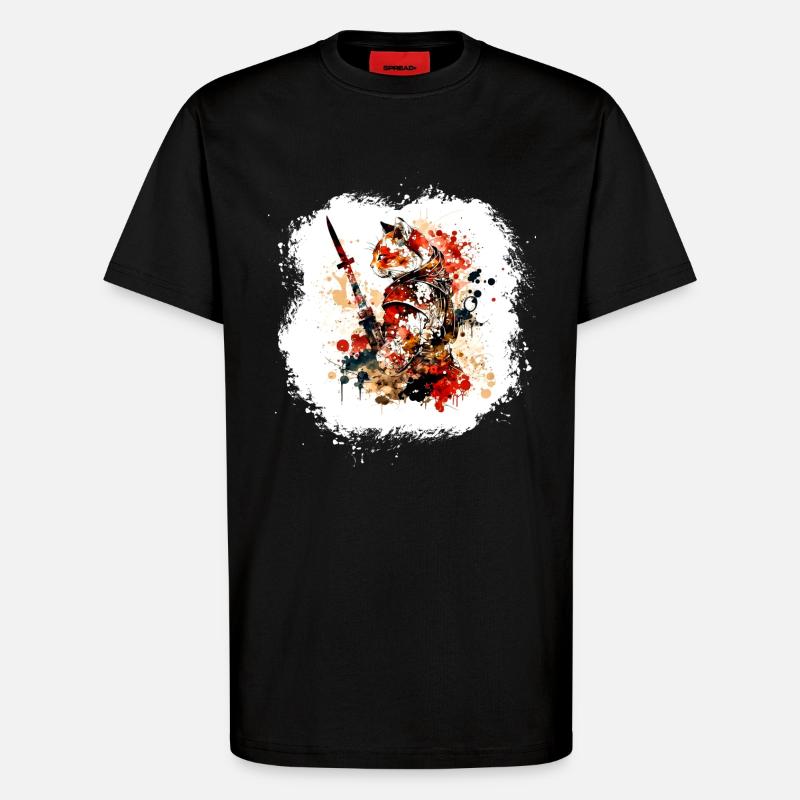 Samurai Katze Rot Schwarz - T-Shirt - made by SPREAD - SOLID BLACK
