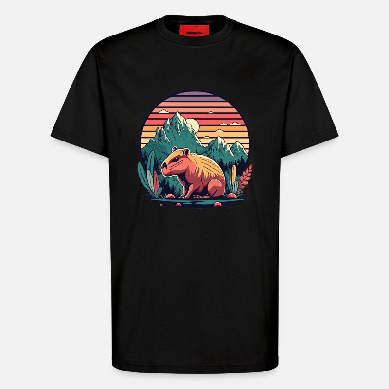 Capybara avec Retro Sunset - T-shirt bio décontracté fabriqué en UE - SOLID BLACK