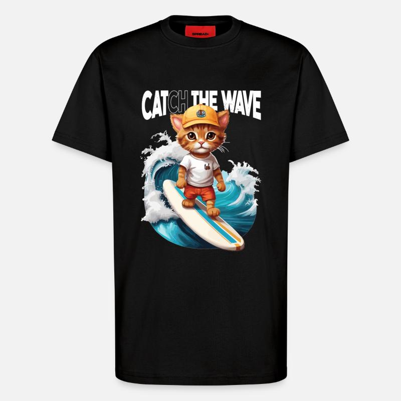 Chat Surfeur Attrape la Vague - T-shirt bio décontracté fabriqué en UE - SOLID BLACK