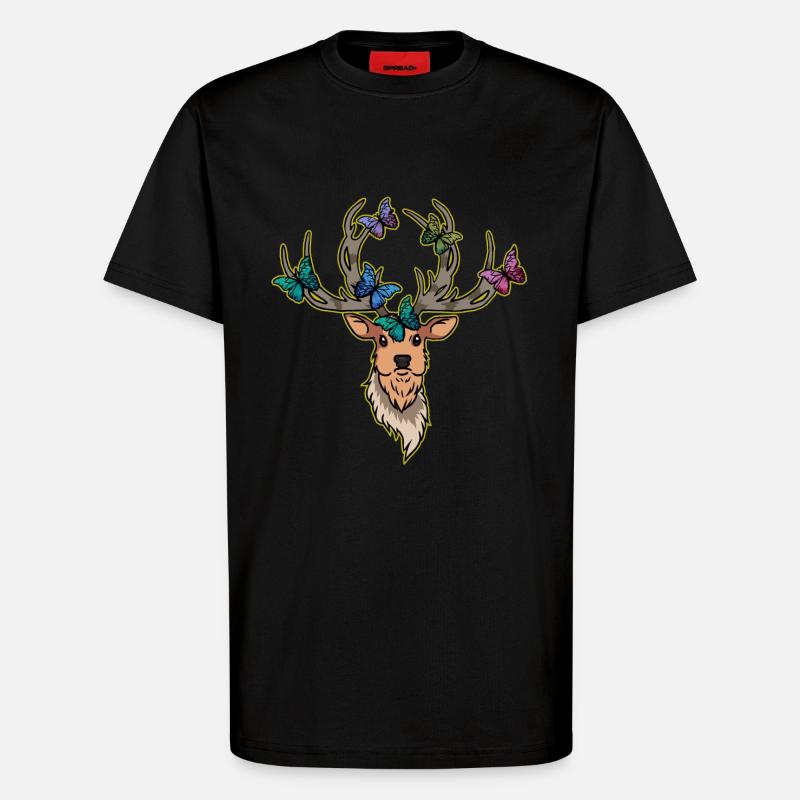 Hirsch Schmetterlinge Hirschkopf Frühling - T-Shirt - made by SPREAD - SOLID BLACK
