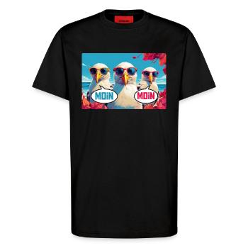 Moin Moin Möwen - T-Shirt - made by SPREAD - SOLID BLACK - Vorne - Alina (178cm) & Michal (187cm)