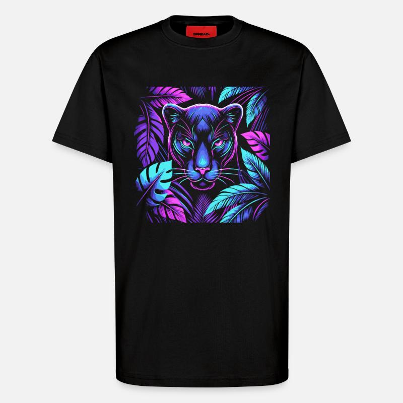 Lebendiger Panther mit tropischen Blättern Design - T-Shirt - made by SPREAD - SOLID BLACK