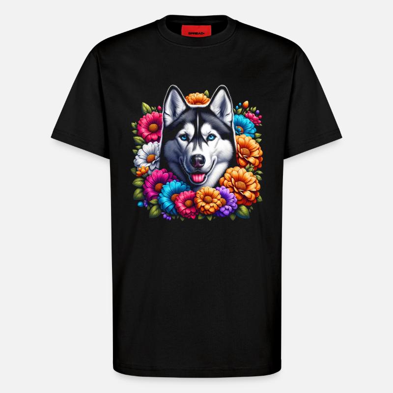 Husky and Floral Pattern - T-Shirt - made by SPREAD - SOLID BLACK