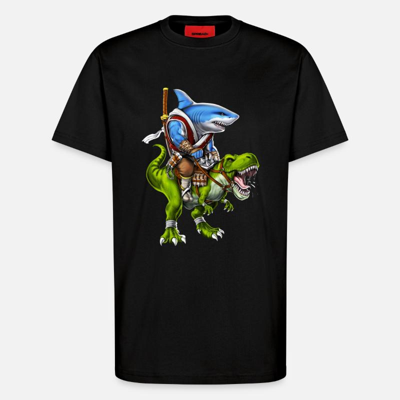 Shark Samurai Riding T-Rex Dinosaur - T-Shirt - made by SPREAD - SOLID BLACK