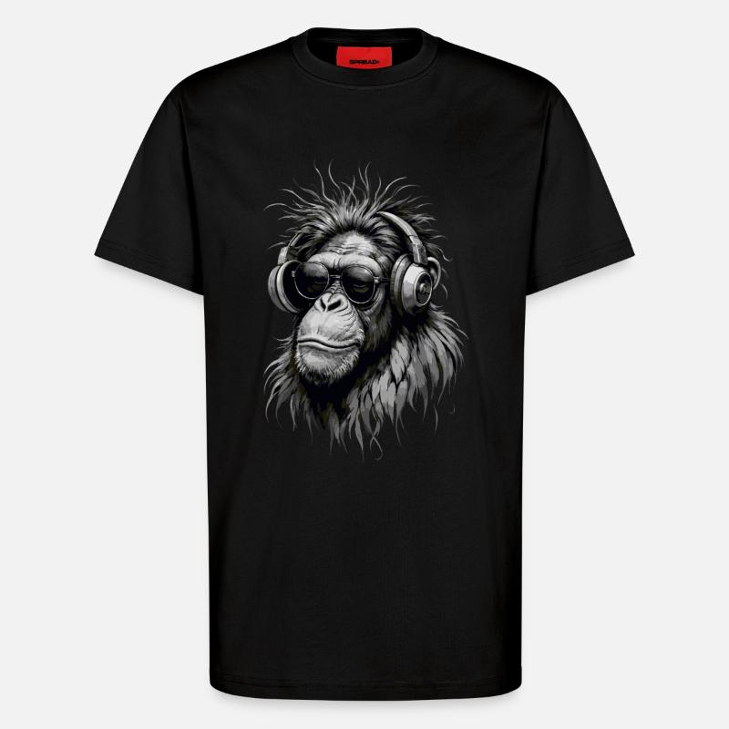 Cooler Musikaffe mit Kopfhörern - Graustufen - T-Shirt - made by SPREAD - SOLID BLACK