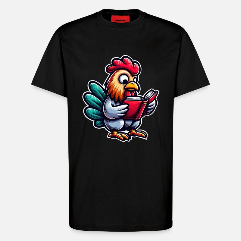 Reading rooster in comic style - T-Shirt - made by SPREAD - SOLID BLACK