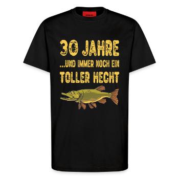 30 Years Great Pike Fishing Angler Gift - T-Shirt - made by SPREAD - SOLID BLACK - Front - Alina (178cm) & Michal (187cm)