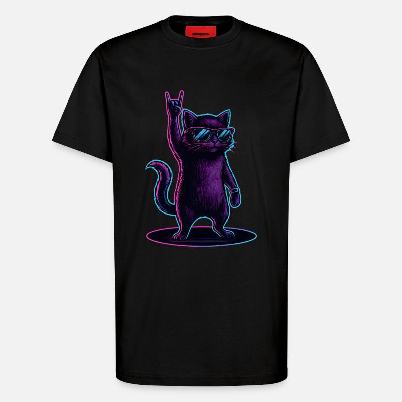 Synthwave Kater Katze mit Rockhand Pose - T-Shirt - made by SPREAD - SOLID BLACK