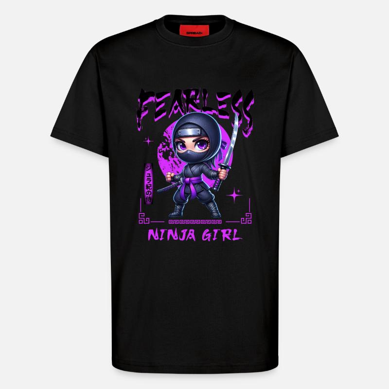 Ninja Mädchen Chibi mit Katana - T-Shirt - made by SPREAD - SOLID BLACK