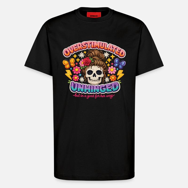 Overstimulated Unhinged Skull Flora - T-Shirt - made by SPREAD - SOLID BLACK