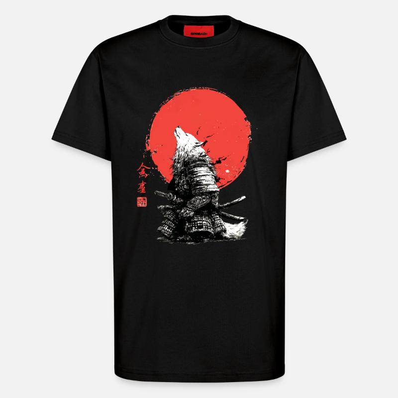 Wolf Samurai under Crimson Sun - T-Shirt - made by SPREAD - SOLID BLACK