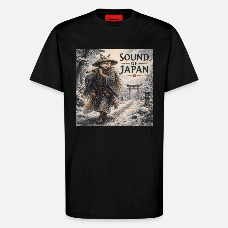 Japanisches Kitsune-Flötendesign - T-Shirt - made by SPREAD - SOLID BLACK