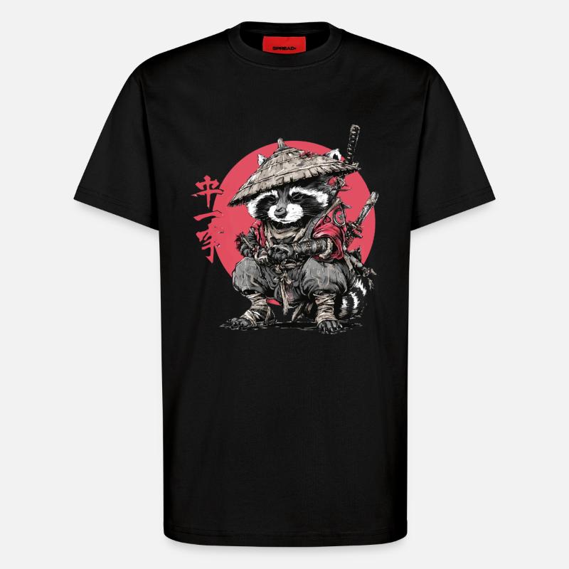 Waschbär-Samurai im Roten Kreis - T-Shirt - made by SPREAD - SOLID BLACK