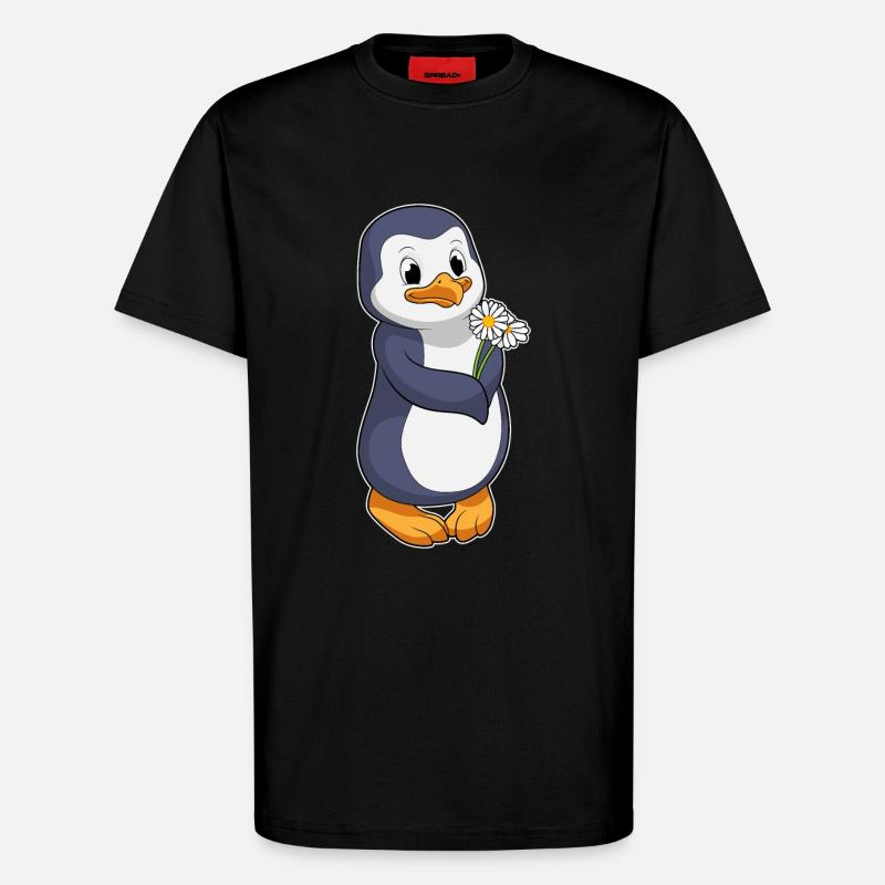 Penguin with daisies - T-Shirt - made by SPREAD - SOLID BLACK
