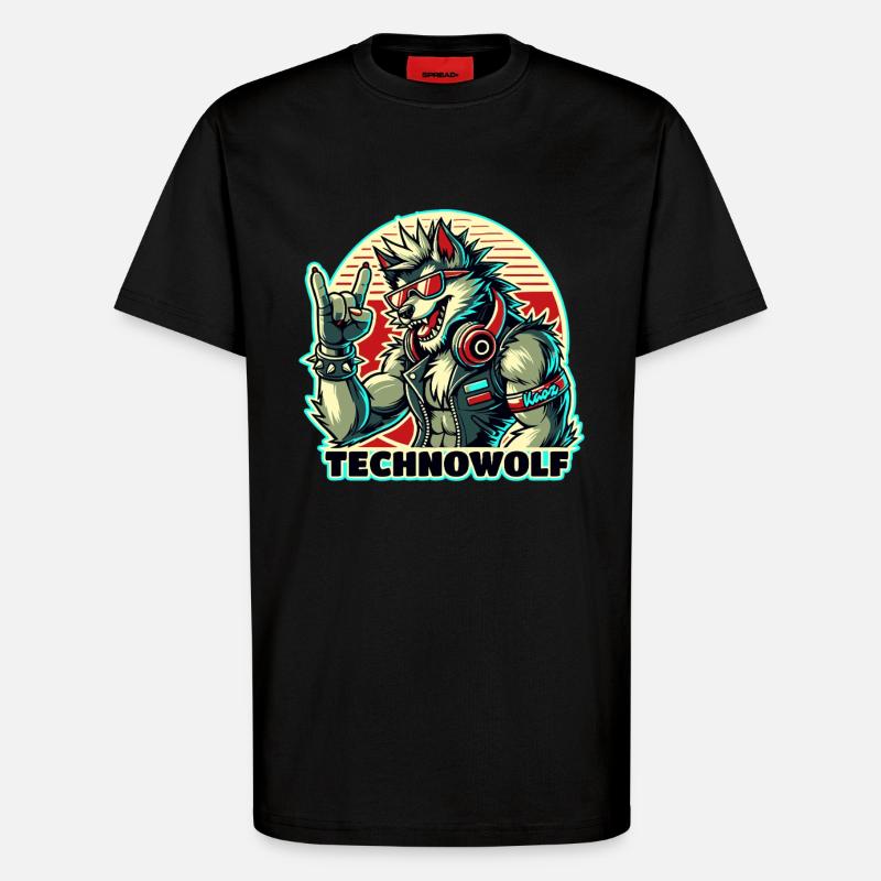 Techno-Wolf: Electronic Music Beats - T-Shirt - made by SPREAD - SOLID BLACK