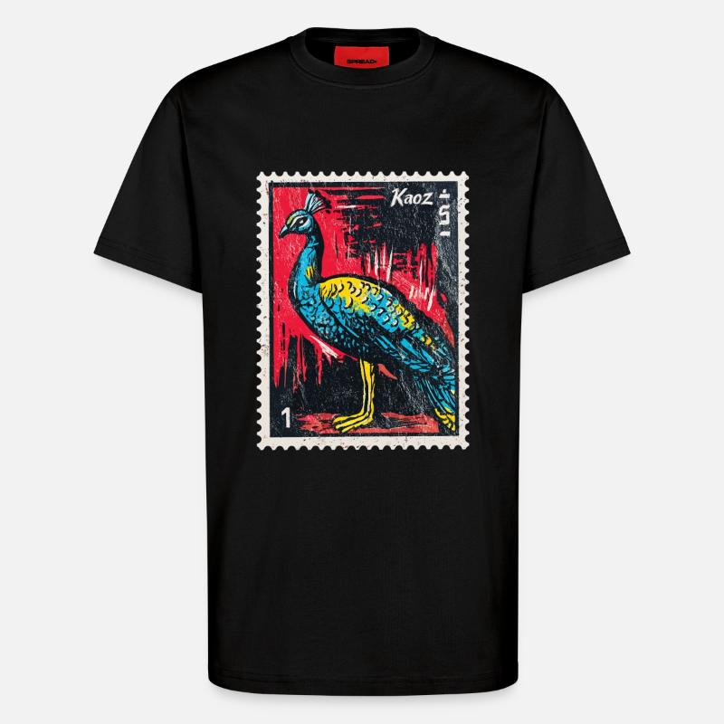 Peacock on stamp – elegant & colourful - T-Shirt - made by SPREAD - SOLID BLACK