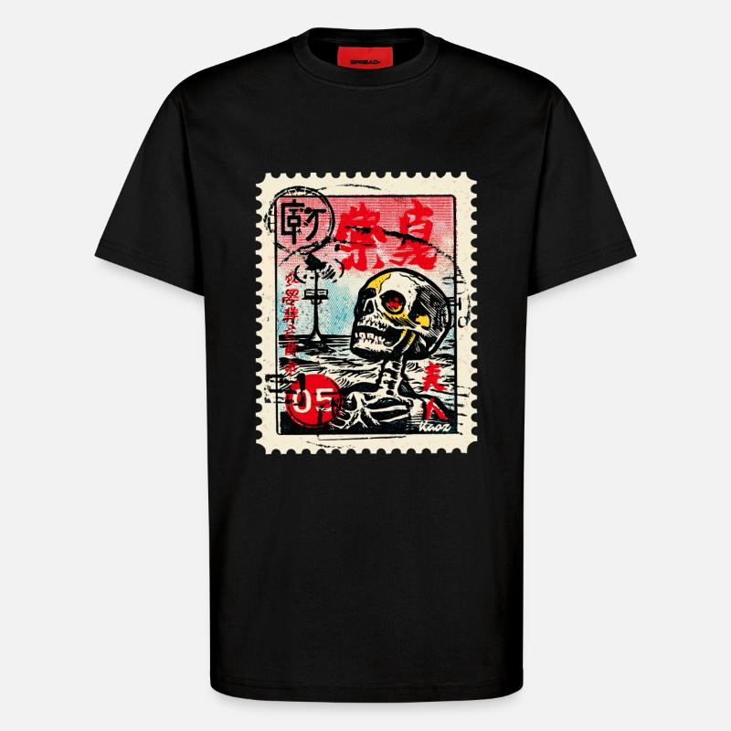 Crâne sur un timbre-poste japonais - T-shirt bio décontracté fabriqué en UE - SOLID BLACK