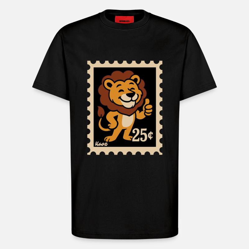 Lion amical sur un timbre-poste - T-shirt bio décontracté fabriqué en UE - SOLID BLACK