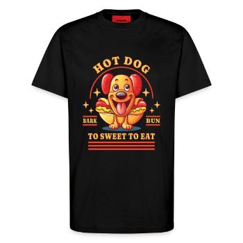 Hot Dog Hund Wurst Fast Food Wortwitz Lustig Humor - T-Shirt - made by SPREAD - SOLID BLACK - Vorne - Alina (178cm) & Michal (187cm)