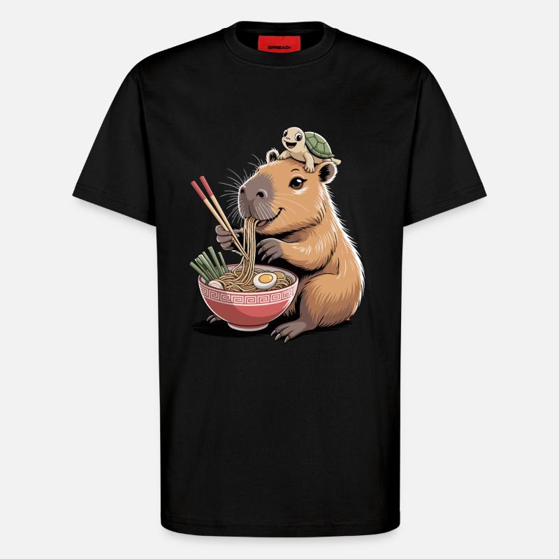 Cute capybara, ramen, turtle, capybara - T-Shirt - made by SPREAD - SOLID BLACK