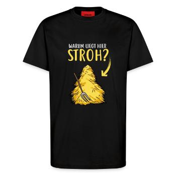 Warum liegt hier Stroh? Lustiges Männer Geschenk - T-Shirt - made by SPREAD - SOLID BLACK - Vorne - Alina (178cm) & Michal (187cm)