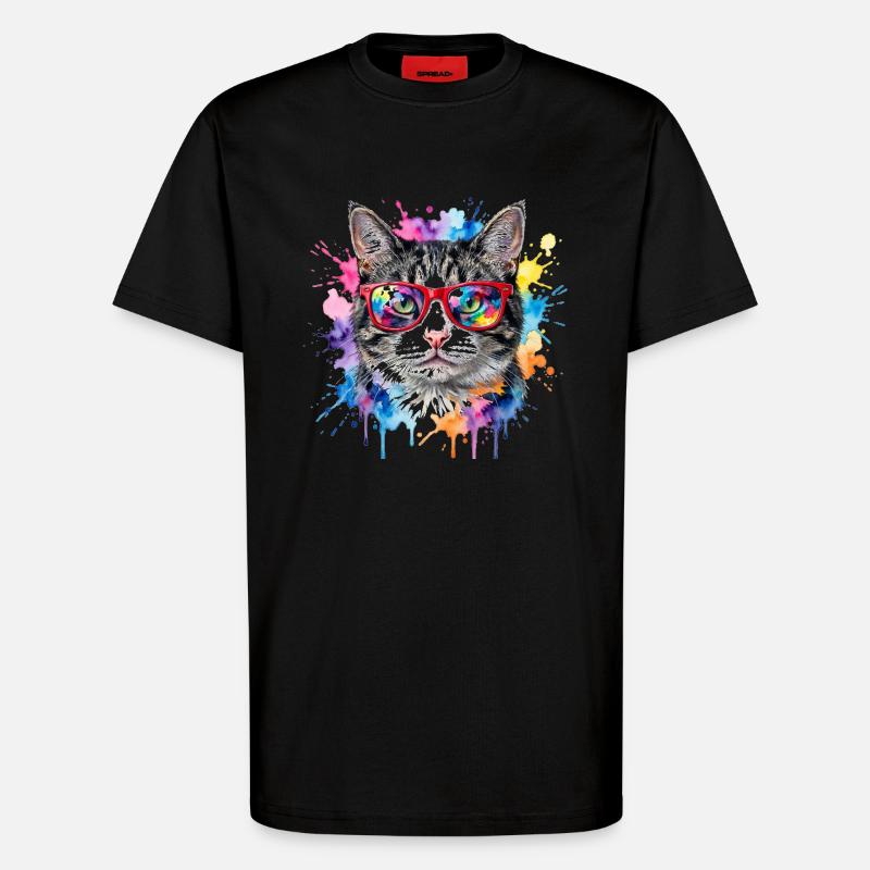 Katzengesicht im Regenbogen-Aquarell Geschenk - T-Shirt - made by SPREAD - SOLID BLACK