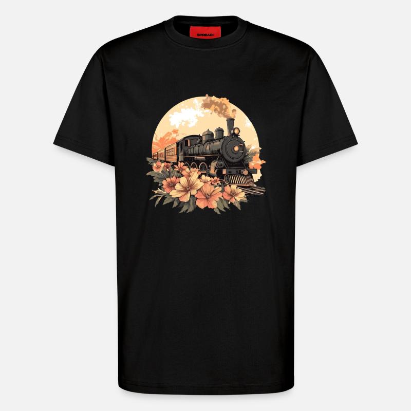 Nostalgic Train with Flowers - T-Shirt - made by SPREAD - SOLID BLACK