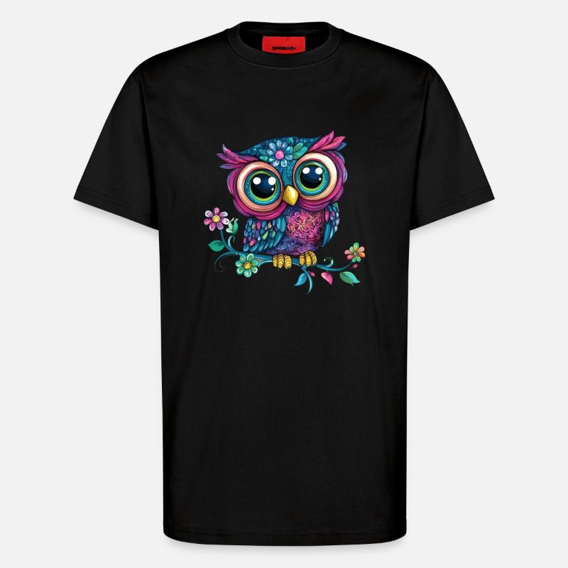 Bunte Eule auf Ast - T-Shirt - made by SPREAD - SOLID BLACK