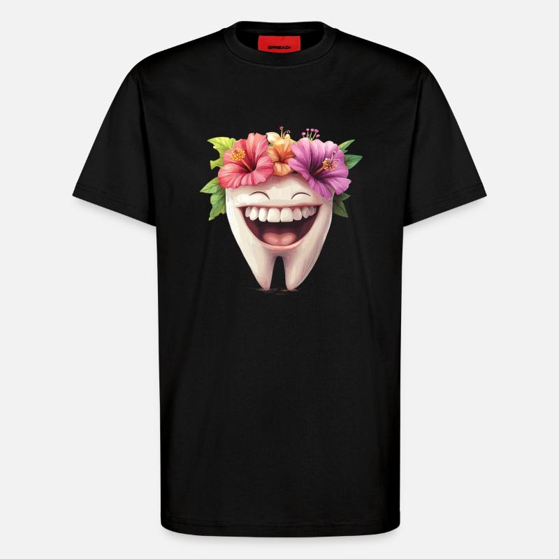 Lachender Zahn mit Blüten - T-Shirt - made by SPREAD - SOLID BLACK