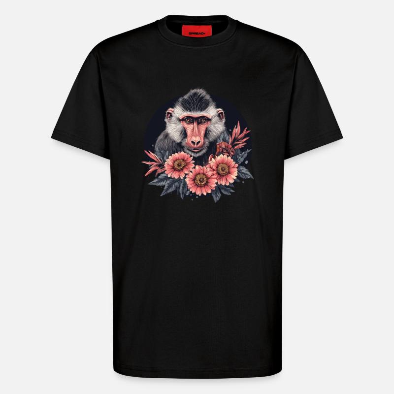 Mandrill mit Blumen - T-Shirt - made by SPREAD - SOLID BLACK