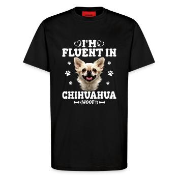 Sprechender Chihuahua Humor Chihuahua Hund - T-Shirt - made by SPREAD - SOLID BLACK - Vorne - Alina (178cm) & Michal (187cm)