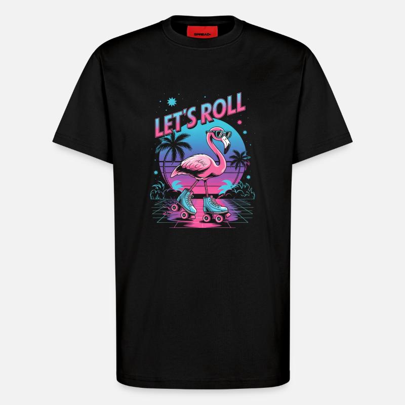 Flamingo auf Rollschuhen - Retro 80er - T-Shirt - made by SPREAD - SOLID BLACK