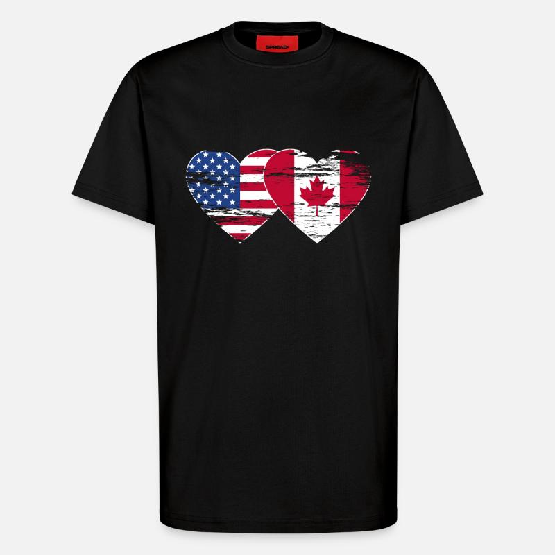 États-Unis, Canada, Drapeau Coeur Utilisé - T-shirt bio décontracté fabriqué en UE - SOLID BLACK