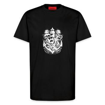 Leuchtender Leuchtturm an der Küste mit Anker - T-Shirt - made by SPREAD - SOLID BLACK - Vorne - Alina (178cm) & Michal (187cm)