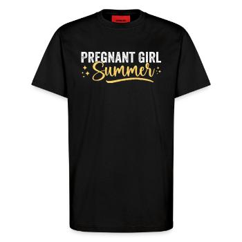 Pregnancy Reveal Pregnant Girl Summer Baby Shower - T-shirt bio décontracté fabriqué en UE - SOLID BLACK - Devant - Alina (178cm) & Michal (187cm)