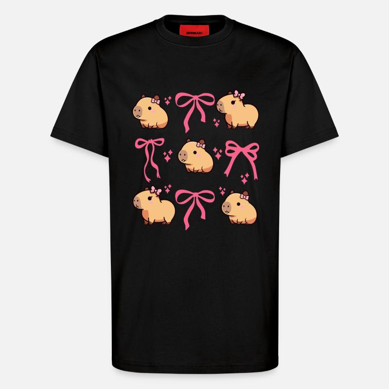 Mignon Capybara Nœud Rose Capybara - T-shirt bio décontracté fabriqué en UE - SOLID BLACK