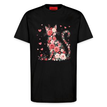 Blumen Katze für Katzen Besitzer und Valentinstag - T-Shirt - made by SPREAD - SOLID BLACK - Vorne - Alina (178cm) & Michal (187cm)