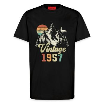 Vintage 1957 Birthday Mountains Eagle - T-Shirt - made by SPREAD - SOLID BLACK - Front - Alina (178cm) & Michal (187cm)
